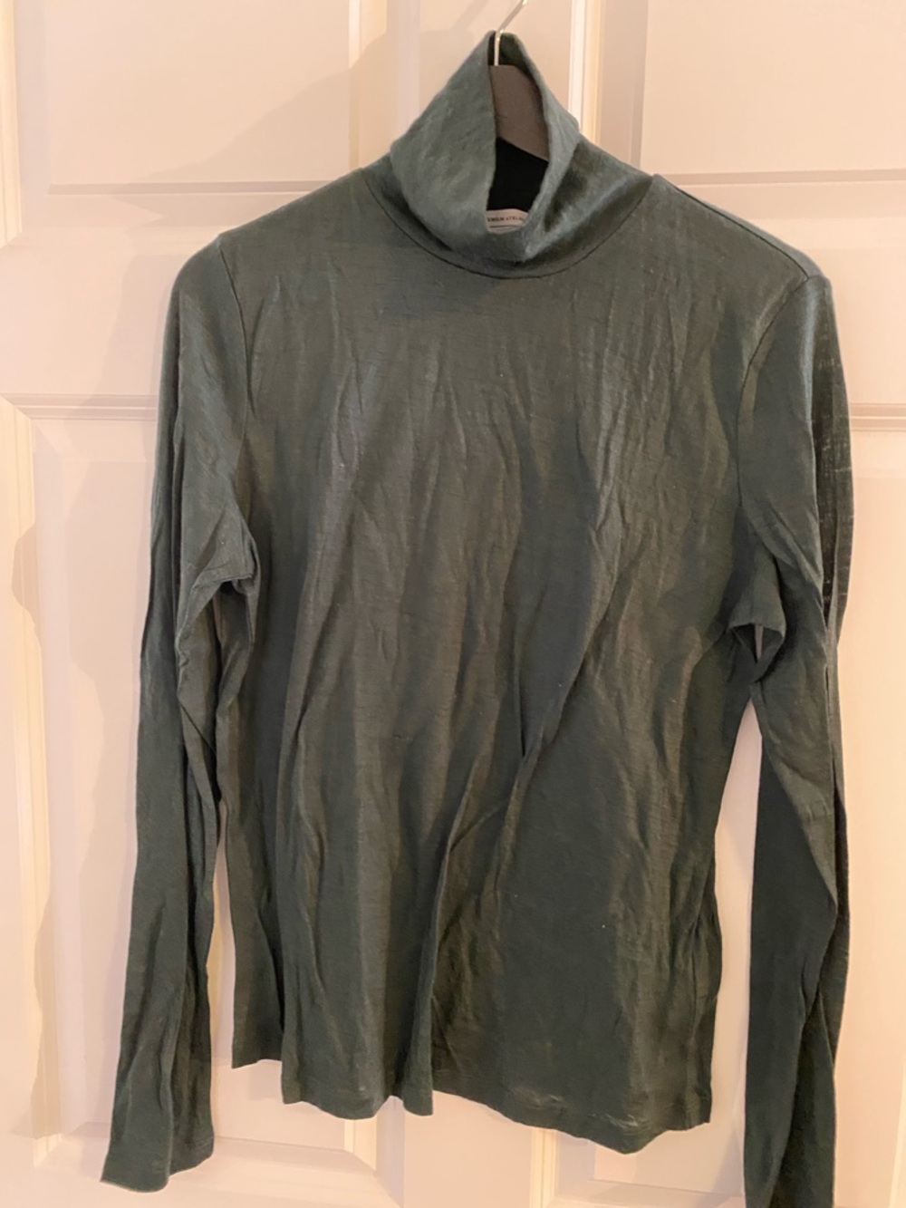 & Other Stories Dark Green Funnel Neck Top Turtle Neck L 100% Wool Light Weight
